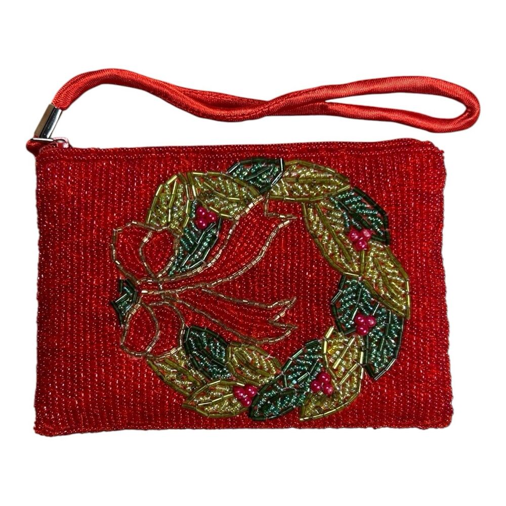 Red Beaded Christmas Wreath Wristlet Clutch Bag Holiday